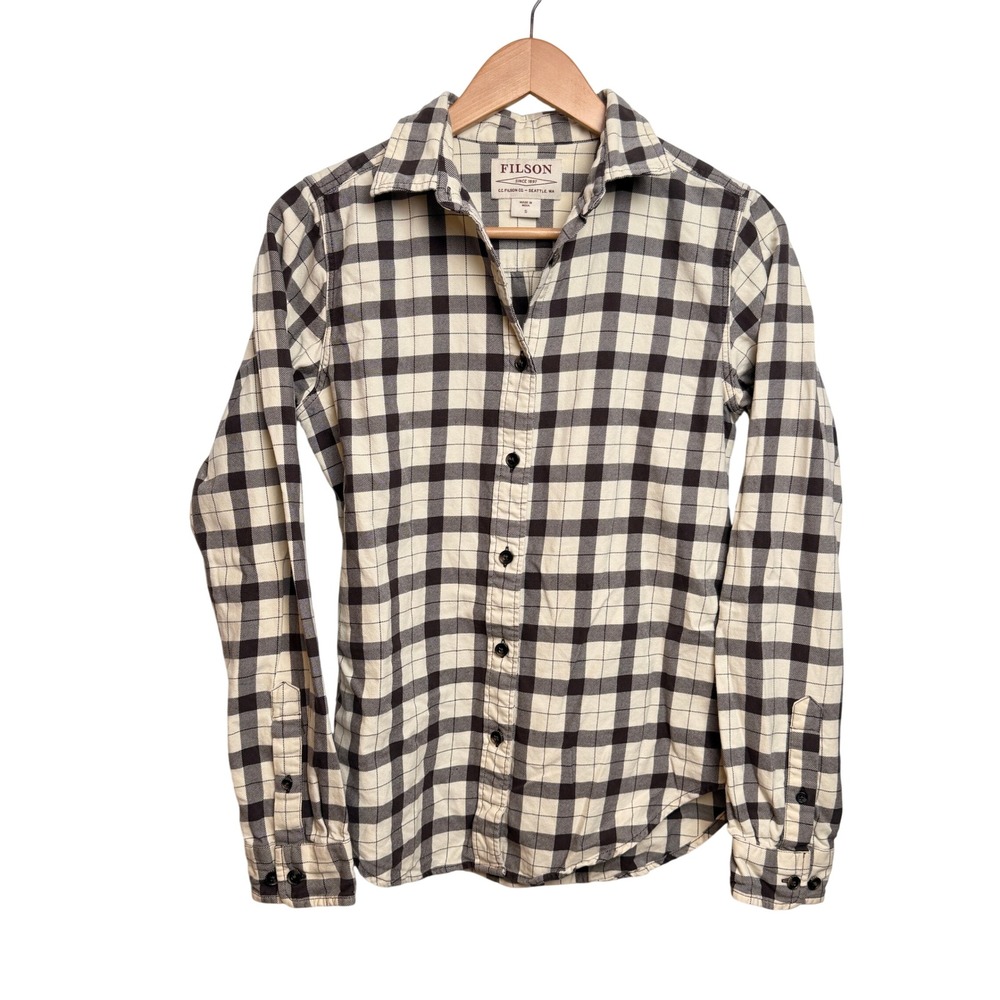 FILSON Womens Flannel Button Down Shirt S Cream Brown Outdoor Gorp Rustic Cabin